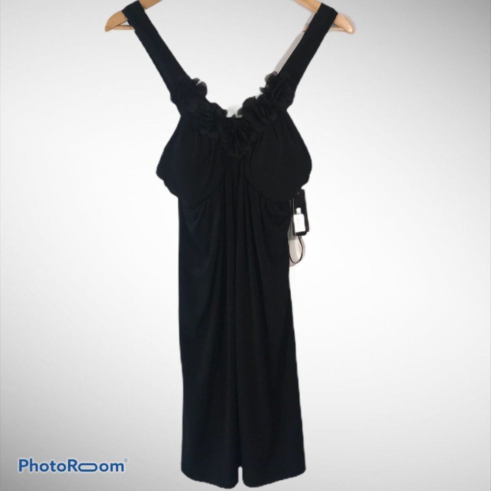 BCX Black Deep V-Neck Dress with Black Flowers 0090